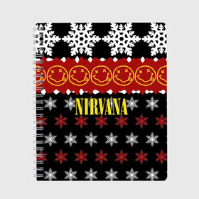 Тетрадь с принтом Nirvana праздничный в Белгороде, 100% бумага | 48 листов, плотность листов — 60 г/м2, плотность картонной обложки — 250 г/м2. Листы скреплены сбоку удобной пружинной спиралью. Уголки страниц и обложки скругленные. Цвет линий — светло-серый
 | cobain | kurt | nirvana | альтернативный | боритон | гранж | группа | дональд | знак | кобейн | красный | крист новоселич | курт | музыка | музыкант | надпись | нирвана | новогодний | новый год | певец | праздник