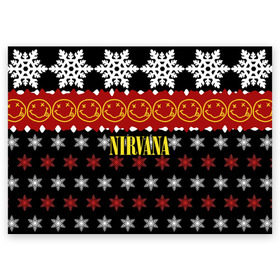 Поздравительная открытка с принтом Nirvana праздничный в Белгороде, 100% бумага | плотность бумаги 280 г/м2, матовая, на обратной стороне линовка и место для марки
 | Тематика изображения на принте: cobain | kurt | nirvana | альтернативный | боритон | гранж | группа | дональд | знак | кобейн | красный | крист новоселич | курт | музыка | музыкант | надпись | нирвана | новогодний | новый год | певец | праздник