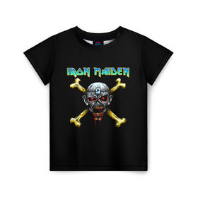 Детская футболка 3D с принтом Iron Maiden череп и кости в Белгороде, 100% гипоаллергенный полиэфир | прямой крой, круглый вырез горловины, длина до линии бедер, чуть спущенное плечо, ткань немного тянется | Тематика изображения на принте: iron maiden | адриан смит | айрон мейден | гроза | группа | дэйв мюррей | железная дева | ирон майден | метал | мрачный | музыка | песни | рок | стив харрис | тяжелый | флаг | хеви | хевиметал