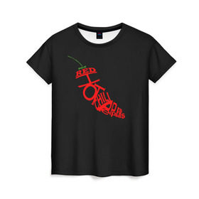 Женская футболка 3D с принтом Red Hot Chili Peppers в Белгороде, 100% полиэфир ( синтетическое хлопкоподобное полотно) | прямой крой, круглый вырез горловины, длина до линии бедер | музыка | овощ | острый | пеперс | перчик | ред | рок | хот | чили