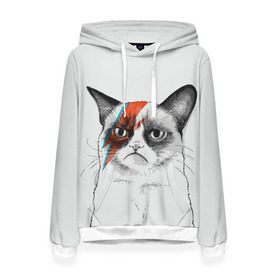 Женская толстовка 3D с принтом Grumpy cat (David Bowie) в Белгороде, 100% полиэстер  | двухслойный капюшон со шнурком для регулировки, мягкие манжеты на рукавах и по низу толстовки, спереди карман-кенгуру с мягким внутренним слоем. | бодиарт | грумпи | дэвид боуи | злой кот | интернет | котей | котик | кошка | мем | мемас | мемчик. | молния на лице | рисунок на лице | сердитый