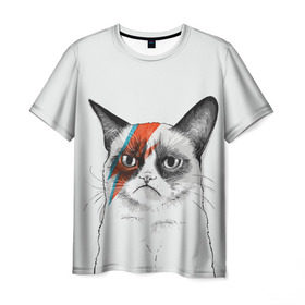 Мужская футболка 3D с принтом Grumpy cat (David Bowie) в Белгороде, 100% полиэфир | прямой крой, круглый вырез горловины, длина до линии бедер | бодиарт | грумпи | дэвид боуи | злой кот | интернет | котей | котик | кошка | мем | мемас | мемчик. | молния на лице | рисунок на лице | сердитый