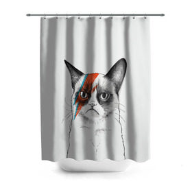 Штора 3D для ванной с принтом Grumpy cat (David Bowie) в Белгороде, 100% полиэстер | плотность материала — 100 г/м2. Стандартный размер — 146 см х 180 см. По верхнему краю — пластиковые люверсы для креплений. В комплекте 10 пластиковых колец | бодиарт | грумпи | дэвид боуи | злой кот | интернет | котей | котик | кошка | мем | мемас | мемчик. | молния на лице | рисунок на лице | сердитый