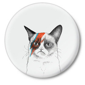 Значок с принтом Grumpy cat (David Bowie) в Белгороде,  металл | круглая форма, металлическая застежка в виде булавки | бодиарт | грумпи | дэвид боуи | злой кот | интернет | котей | котик | кошка | мем | мемас | мемчик. | молния на лице | рисунок на лице | сердитый