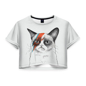 Женская футболка 3D укороченная с принтом Grumpy cat (David Bowie) в Белгороде, 100% полиэстер | круглая горловина, длина футболки до линии талии, рукава с отворотами | бодиарт | грумпи | дэвид боуи | злой кот | интернет | котей | котик | кошка | мем | мемас | мемчик. | молния на лице | рисунок на лице | сердитый