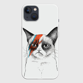 Чехол для iPhone 13 с принтом Grumpy cat (David Bowie) в Белгороде,  |  | бодиарт | грумпи | дэвид боуи | злой кот | интернет | котей | котик | кошка | мем | мемас | мемчик. | молния на лице | рисунок на лице | сердитый