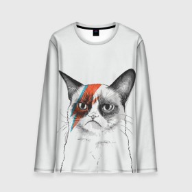 Мужской лонгслив 3D с принтом Grumpy cat (David Bowie) в Белгороде, 100% полиэстер | длинные рукава, круглый вырез горловины, полуприлегающий силуэт | Тематика изображения на принте: бодиарт | грумпи | дэвид боуи | злой кот | интернет | котей | котик | кошка | мем | мемас | мемчик. | молния на лице | рисунок на лице | сердитый