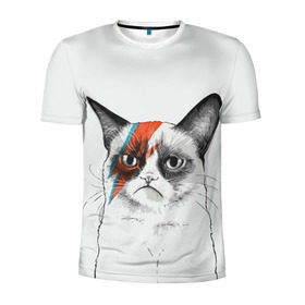 Мужская футболка 3D спортивная с принтом Grumpy cat (David Bowie) в Белгороде, 100% полиэстер с улучшенными характеристиками | приталенный силуэт, круглая горловина, широкие плечи, сужается к линии бедра | бодиарт | грумпи | дэвид боуи | злой кот | интернет | котей | котик | кошка | мем | мемас | мемчик. | молния на лице | рисунок на лице | сердитый