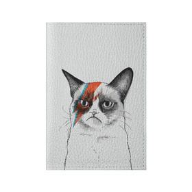 Обложка для паспорта матовая кожа с принтом Grumpy cat (David Bowie) в Белгороде, натуральная матовая кожа | размер 19,3 х 13,7 см; прозрачные пластиковые крепления | Тематика изображения на принте: бодиарт | грумпи | дэвид боуи | злой кот | интернет | котей | котик | кошка | мем | мемас | мемчик. | молния на лице | рисунок на лице | сердитый