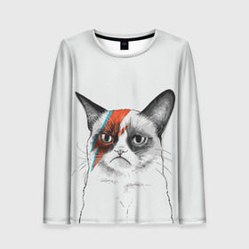 Женский лонгслив 3D с принтом Grumpy cat (David Bowie) в Белгороде, 100% полиэстер | длинные рукава, круглый вырез горловины, полуприлегающий силуэт | бодиарт | грумпи | дэвид боуи | злой кот | интернет | котей | котик | кошка | мем | мемас | мемчик. | молния на лице | рисунок на лице | сердитый