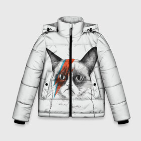 Зимняя куртка для мальчиков 3D с принтом Grumpy cat (David Bowie) в Белгороде, ткань верха — 100% полиэстер; подклад — 100% полиэстер, утеплитель — 100% полиэстер | длина ниже бедра, удлиненная спинка, воротник стойка и отстегивающийся капюшон. Есть боковые карманы с листочкой на кнопках, утяжки по низу изделия и внутренний карман на молнии. 

Предусмотрены светоотражающий принт на спинке, радужный светоотражающий элемент на пуллере молнии и на резинке для утяжки | бодиарт | грумпи | дэвид боуи | злой кот | интернет | котей | котик | кошка | мем | мемас | мемчик. | молния на лице | рисунок на лице | сердитый