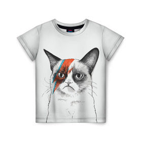 Детская футболка 3D с принтом Grumpy cat (David Bowie) в Белгороде, 100% гипоаллергенный полиэфир | прямой крой, круглый вырез горловины, длина до линии бедер, чуть спущенное плечо, ткань немного тянется | бодиарт | грумпи | дэвид боуи | злой кот | интернет | котей | котик | кошка | мем | мемас | мемчик. | молния на лице | рисунок на лице | сердитый