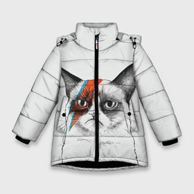 Зимняя куртка для девочек 3D с принтом Grumpy cat (David Bowie) в Белгороде, ткань верха — 100% полиэстер; подклад — 100% полиэстер, утеплитель — 100% полиэстер. | длина ниже бедра, удлиненная спинка, воротник стойка и отстегивающийся капюшон. Есть боковые карманы с листочкой на кнопках, утяжки по низу изделия и внутренний карман на молнии. 

Предусмотрены светоотражающий принт на спинке, радужный светоотражающий элемент на пуллере молнии и на резинке для утяжки. | бодиарт | грумпи | дэвид боуи | злой кот | интернет | котей | котик | кошка | мем | мемас | мемчик. | молния на лице | рисунок на лице | сердитый