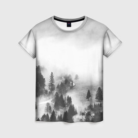 Женская футболка 3D с принтом Лес и туман в Белгороде, 100% полиэфир ( синтетическое хлопкоподобное полотно) | прямой крой, круглый вырез горловины, длина до линии бедер | black and white | лес | лес и туман | туман | чернобелый  фон | чернобелый лес