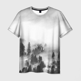 Мужская футболка 3D с принтом Лес и туман в Белгороде, 100% полиэфир | прямой крой, круглый вырез горловины, длина до линии бедер | black and white | лес | лес и туман | туман | чернобелый  фон | чернобелый лес