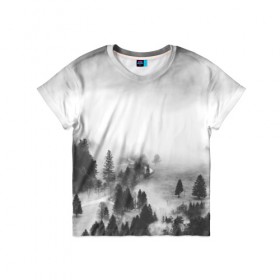 Детская футболка 3D с принтом Лес и туман в Белгороде, 100% гипоаллергенный полиэфир | прямой крой, круглый вырез горловины, длина до линии бедер, чуть спущенное плечо, ткань немного тянется | black and white | лес | лес и туман | туман | чернобелый  фон | чернобелый лес