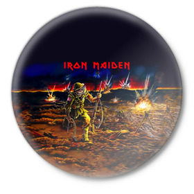 Значок с принтом Боец Iron Maiden в Белгороде,  металл | круглая форма, металлическая застежка в виде булавки | iron maiden | адриан смит | айрон мейден | война | группа | дэйв мюррей | железная дева | ирон майден | метал | мрачный | музыка | песни | рок | солдат | стив харрис | тяжелый | хеви | хевиметал