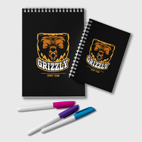 Блокнот с принтом GTIZZLY(sport team) в Белгороде, 100% бумага | 48 листов, плотность листов — 60 г/м2, плотность картонной обложки — 250 г/м2. Листы скреплены удобной пружинной спиралью. Цвет линий — светло-серый
 | bear | grizzly | гризли | медведь | ярость