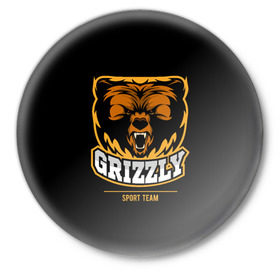 Значок с принтом GTIZZLY(sport team) в Белгороде,  металл | круглая форма, металлическая застежка в виде булавки | bear | grizzly | гризли | медведь | ярость