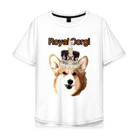 Мужская футболка хлопок Oversize с принтом Корги в короне в Белгороде, 100% хлопок | свободный крой, круглый ворот, “спинка” длиннее передней части | англия | вельш корги | корги | корги пемброк | королева | корона | пемброк | собака