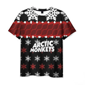 Мужская футболка 3D с принтом Праздничный Arctic Monkeys в Белгороде, 100% полиэфир | прямой крой, круглый вырез горловины, длина до линии бедер | алекс тёрнер | арктик | арктические мартышки | гаражный | группа | джейми кук | знак | инди рок | красный | м | манкис | музыка | надпись | ник о мэлли | новогодний | новый год | обезьяна
