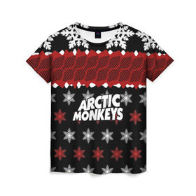 Женская футболка 3D с принтом Праздничный Arctic Monkeys в Белгороде, 100% полиэфир ( синтетическое хлопкоподобное полотно) | прямой крой, круглый вырез горловины, длина до линии бедер | алекс тёрнер | арктик | арктические мартышки | гаражный | группа | джейми кук | знак | инди рок | красный | м | манкис | музыка | надпись | ник о мэлли | новогодний | новый год | обезьяна