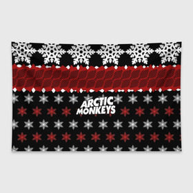 Флаг-баннер с принтом Праздничный Arctic Monkeys в Белгороде, 100% полиэстер | размер 67 х 109 см, плотность ткани — 95 г/м2; по краям флага есть четыре люверса для крепления | алекс тёрнер | арктик | арктические мартышки | гаражный | группа | джейми кук | знак | инди рок | красный | м | манкис | музыка | надпись | ник о мэлли | новогодний | новый год | обезьяна