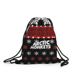 Рюкзак-мешок 3D с принтом Праздничный Arctic Monkeys в Белгороде, 100% полиэстер | плотность ткани — 200 г/м2, размер — 35 х 45 см; лямки — толстые шнурки, застежка на шнуровке, без карманов и подкладки | алекс тёрнер | арктик | арктические мартышки | гаражный | группа | джейми кук | знак | инди рок | красный | м | манкис | музыка | надпись | ник о мэлли | новогодний | новый год | обезьяна