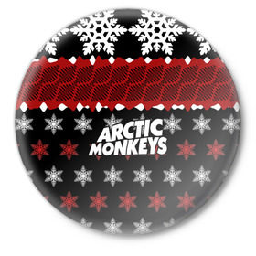 Значок с принтом Праздничный Arctic Monkeys в Белгороде,  металл | круглая форма, металлическая застежка в виде булавки | алекс тёрнер | арктик | арктические мартышки | гаражный | группа | джейми кук | знак | инди рок | красный | м | манкис | музыка | надпись | ник о мэлли | новогодний | новый год | обезьяна