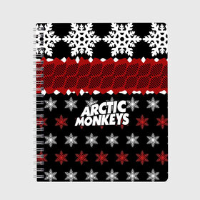 Тетрадь с принтом Праздничный Arctic Monkeys в Белгороде, 100% бумага | 48 листов, плотность листов — 60 г/м2, плотность картонной обложки — 250 г/м2. Листы скреплены сбоку удобной пружинной спиралью. Уголки страниц и обложки скругленные. Цвет линий — светло-серый
 | Тематика изображения на принте: алекс тёрнер | арктик | арктические мартышки | гаражный | группа | джейми кук | знак | инди рок | красный | м | манкис | музыка | надпись | ник о мэлли | новогодний | новый год | обезьяна