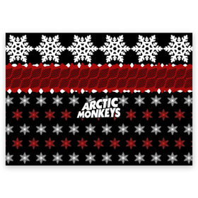 Поздравительная открытка с принтом Праздничный Arctic Monkeys в Белгороде, 100% бумага | плотность бумаги 280 г/м2, матовая, на обратной стороне линовка и место для марки
 | Тематика изображения на принте: алекс тёрнер | арктик | арктические мартышки | гаражный | группа | джейми кук | знак | инди рок | красный | м | манкис | музыка | надпись | ник о мэлли | новогодний | новый год | обезьяна