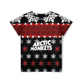 Детская футболка 3D с принтом Праздничный Arctic Monkeys в Белгороде, 100% гипоаллергенный полиэфир | прямой крой, круглый вырез горловины, длина до линии бедер, чуть спущенное плечо, ткань немного тянется | Тематика изображения на принте: алекс тёрнер | арктик | арктические мартышки | гаражный | группа | джейми кук | знак | инди рок | красный | м | манкис | музыка | надпись | ник о мэлли | новогодний | новый год | обезьяна