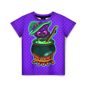 Детская футболка 3D с принтом Кошка-ведьмочка в Белгороде, 100% гипоаллергенный полиэфир | прямой крой, круглый вырез горловины, длина до линии бедер, чуть спущенное плечо, ткань немного тянется | halloween | helloween | ведунья | ведьма | зелье | кот | котел | котик | кошка | магия | хеллоуин | хэллоуин