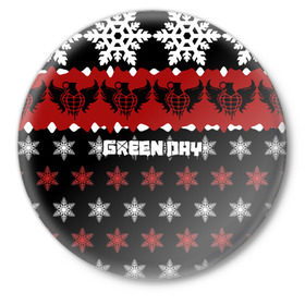 Значок с принтом Праздничный Green Day в Белгороде,  металл | круглая форма, металлическая застежка в виде булавки | Тематика изображения на принте: american idiot | green day | альтернативный | билли джо армстронг | грин дей | группа | зелёный день | знак | красный | майк дёрнт | музыка | надпись | новогодний | новый год | панк | поп | поппанк | праздник