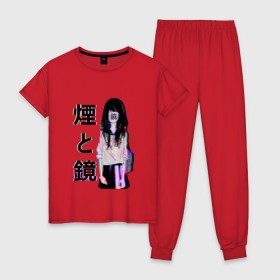 Женская пижама хлопок с принтом MIRRORS Sad Japanese Aesthetic в Белгороде, 100% хлопок | брюки и футболка прямого кроя, без карманов, на брюках мягкая резинка на поясе и по низу штанин | 