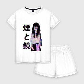 Женская пижама с шортиками хлопок с принтом MIRRORS Sad Japanese Aesthetic в Белгороде, 100% хлопок | футболка прямого кроя, шорты свободные с широкой мягкой резинкой | 