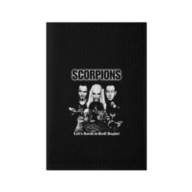 Обложка для паспорта матовая кожа с принтом Группа Scorpions в Белгороде, натуральная матовая кожа | размер 19,3 х 13,7 см; прозрачные пластиковые крепления | Тематика изображения на принте: scorpions | группа | скорпионс | хард | хардрок