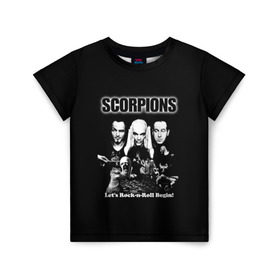 Детская футболка 3D с принтом Группа Scorpions в Белгороде, 100% гипоаллергенный полиэфир | прямой крой, круглый вырез горловины, длина до линии бедер, чуть спущенное плечо, ткань немного тянется | Тематика изображения на принте: scorpions | группа | скорпионс | хард | хардрок