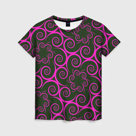 Женская футболка 3D с принтом Розовые цветы в Белгороде, 100% полиэфир ( синтетическое хлопкоподобное полотно) | прямой крой, круглый вырез горловины, длина до линии бедер | pink | кружева | лепестки | розовый | спираль | узор | фрактал | цветки | цветок | цветы