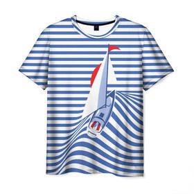 Мужская футболка 3D с принтом Яхта в Белгороде, 100% полиэфир | прямой крой, круглый вырез горловины, длина до линии бедер | flag | joke | prank | sail | sea | stripes | water | waves | yacht vest | вода | волны | море | парус | полосы | прикол | тельняшка | флаг | шутка | яхта