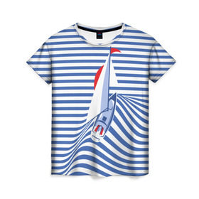 Женская футболка 3D с принтом Яхта в Белгороде, 100% полиэфир ( синтетическое хлопкоподобное полотно) | прямой крой, круглый вырез горловины, длина до линии бедер | Тематика изображения на принте: flag | joke | prank | sail | sea | stripes | water | waves | yacht vest | вода | волны | море | парус | полосы | прикол | тельняшка | флаг | шутка | яхта