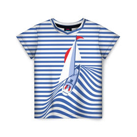Детская футболка 3D с принтом Яхта в Белгороде, 100% гипоаллергенный полиэфир | прямой крой, круглый вырез горловины, длина до линии бедер, чуть спущенное плечо, ткань немного тянется | Тематика изображения на принте: flag | joke | prank | sail | sea | stripes | water | waves | yacht vest | вода | волны | море | парус | полосы | прикол | тельняшка | флаг | шутка | яхта