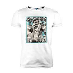 Мужская футболка премиум с принтом Пабло Эскобар в Белгороде, 92% хлопок, 8% лайкра | приталенный силуэт, круглый вырез ворота, длина до линии бедра, короткий рукав | narco | доллары | оружие