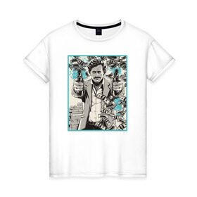 Женская футболка хлопок с принтом Пабло Эскобар в Белгороде, 100% хлопок | прямой крой, круглый вырез горловины, длина до линии бедер, слегка спущенное плечо | narco | доллары | оружие