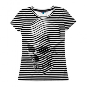 Женская футболка 3D с принтом Череп в Белгороде, 100% полиэфир ( синтетическое хлопкоподобное полотно) | прямой крой, круглый вырез горловины, длина до линии бедер | art | optical | skull | stripes | vest | искусство | оптическое | полосы | тельняшка | череп