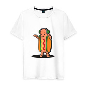 Мужская футболка хлопок с принтом Танцующий хот-дог snapchat в Белгороде, 100% хлопок | прямой крой, круглый вырез горловины, длина до линии бедер, слегка спущенное плечо. | Тематика изображения на принте: 