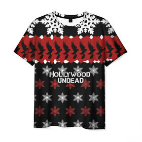Мужская футболка 3D с принтом Праздничный Hollywood Undead в Белгороде, 100% полиэфир | прямой крой, круглый вырез горловины, длина до линии бедер | charlie scene | danny | funny man | hollywood | j dog | johnny 3 tears | undead | андед | голивуд | голливудская | группа | знак | кранккор | красный | метал | надпись | нежить | новогодний | новый год | ню | праздник | реп | рождество
