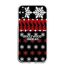 Чехол для iPhone XS Max матовый с принтом Праздничный Hollywood Undead в Белгороде, Силикон | Область печати: задняя сторона чехла, без боковых панелей | charlie scene | danny | funny man | hollywood | j dog | johnny 3 tears | undead | андед | голивуд | голливудская | группа | знак | кранккор | красный | метал | надпись | нежить | новогодний | новый год | ню | праздник | реп | рождество