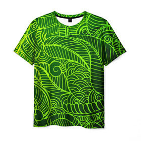 Мужская футболка 3D с принтом зеленые узоры в Белгороде, 100% полиэфир | прямой крой, круглый вырез горловины, длина до линии бедер | green | абстракция | арт | восток | геометрия | зелень | индия | орнамент | роспись | узоры | цветы