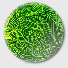 Значок с принтом зеленые узоры в Белгороде,  металл | круглая форма, металлическая застежка в виде булавки | green | абстракция | арт | восток | геометрия | зелень | индия | орнамент | роспись | узоры | цветы